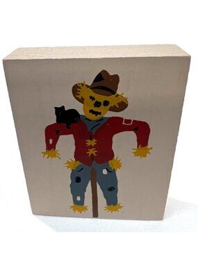 Cats Meow Scarecrow Folk Art Wooden Block Decoration